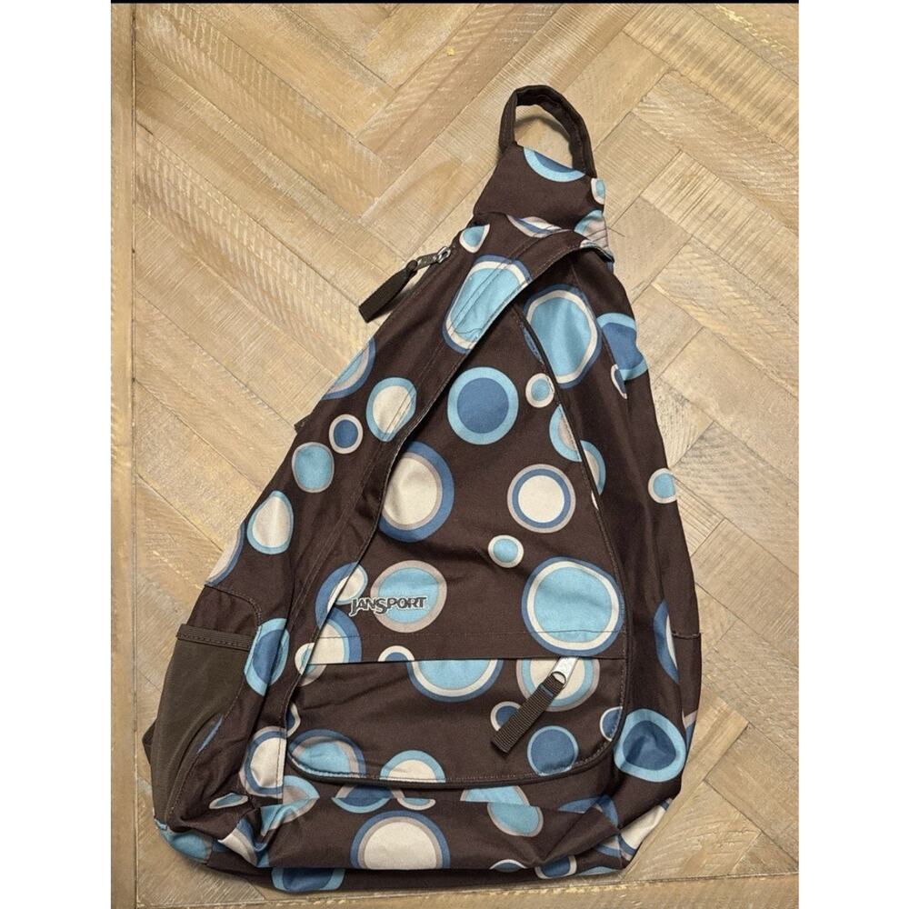 Y2K Vintage JanSport Brown W/ Aqua Polka Dots Sling Book Bag Over The Shoulder